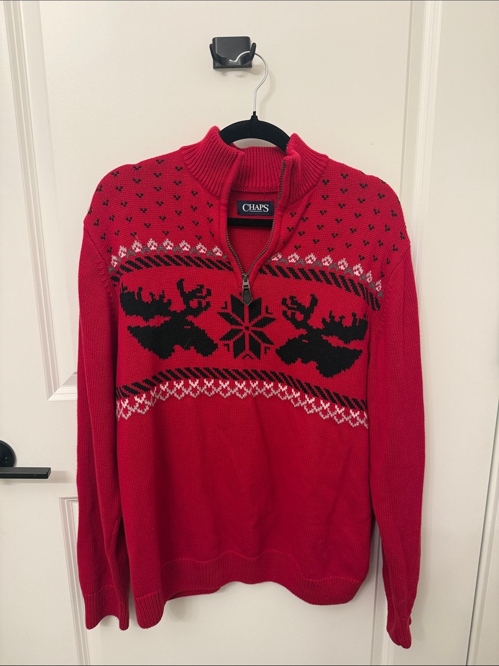 Chaps Men's Red Zip-Neck Moose & Snowflake Sweater